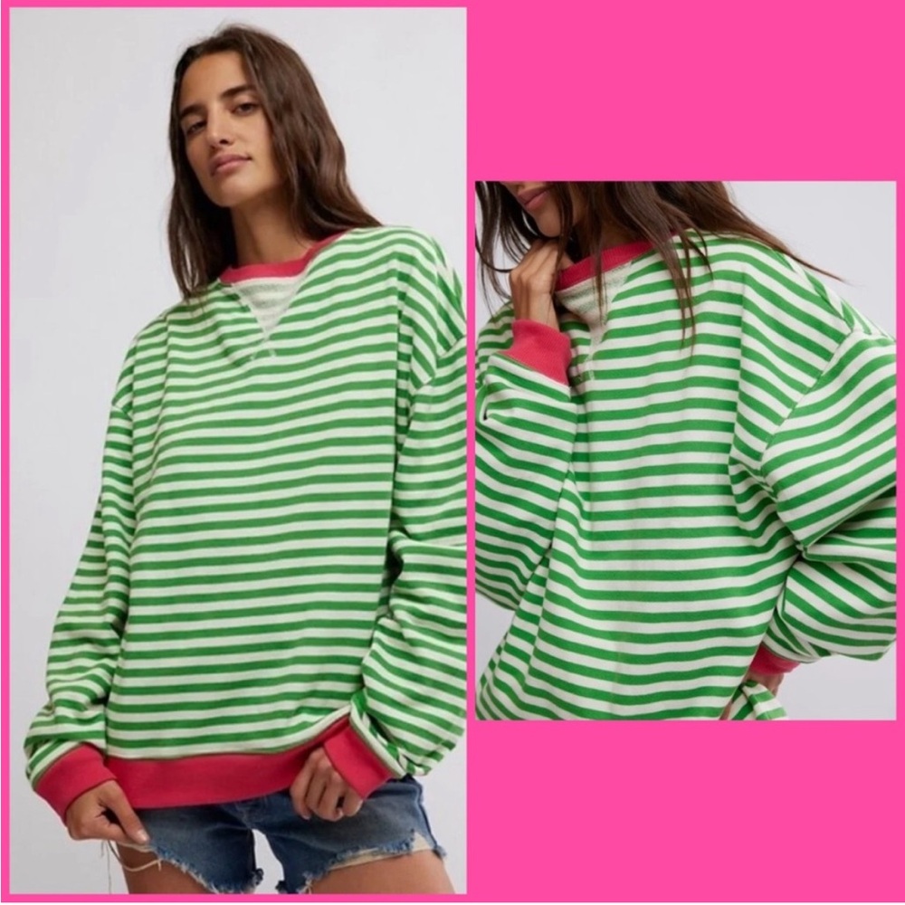 🆕 Free People Classic Striped Oversized Crewneck / GREEN & PINK COMBO